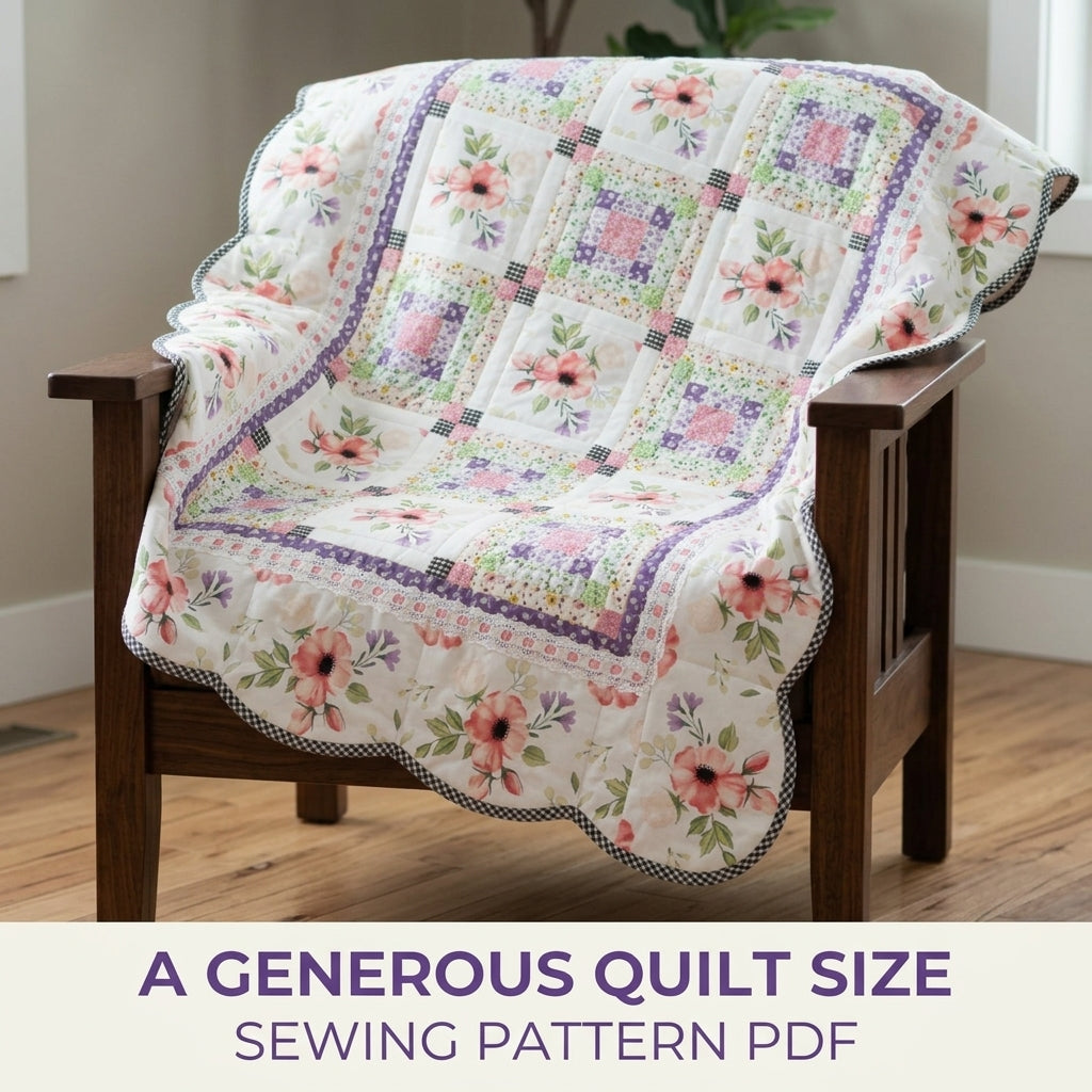 Scalloped Floral Border Quilt Pattern PDF – Romantic Quilt with Lace and Gingham Binding