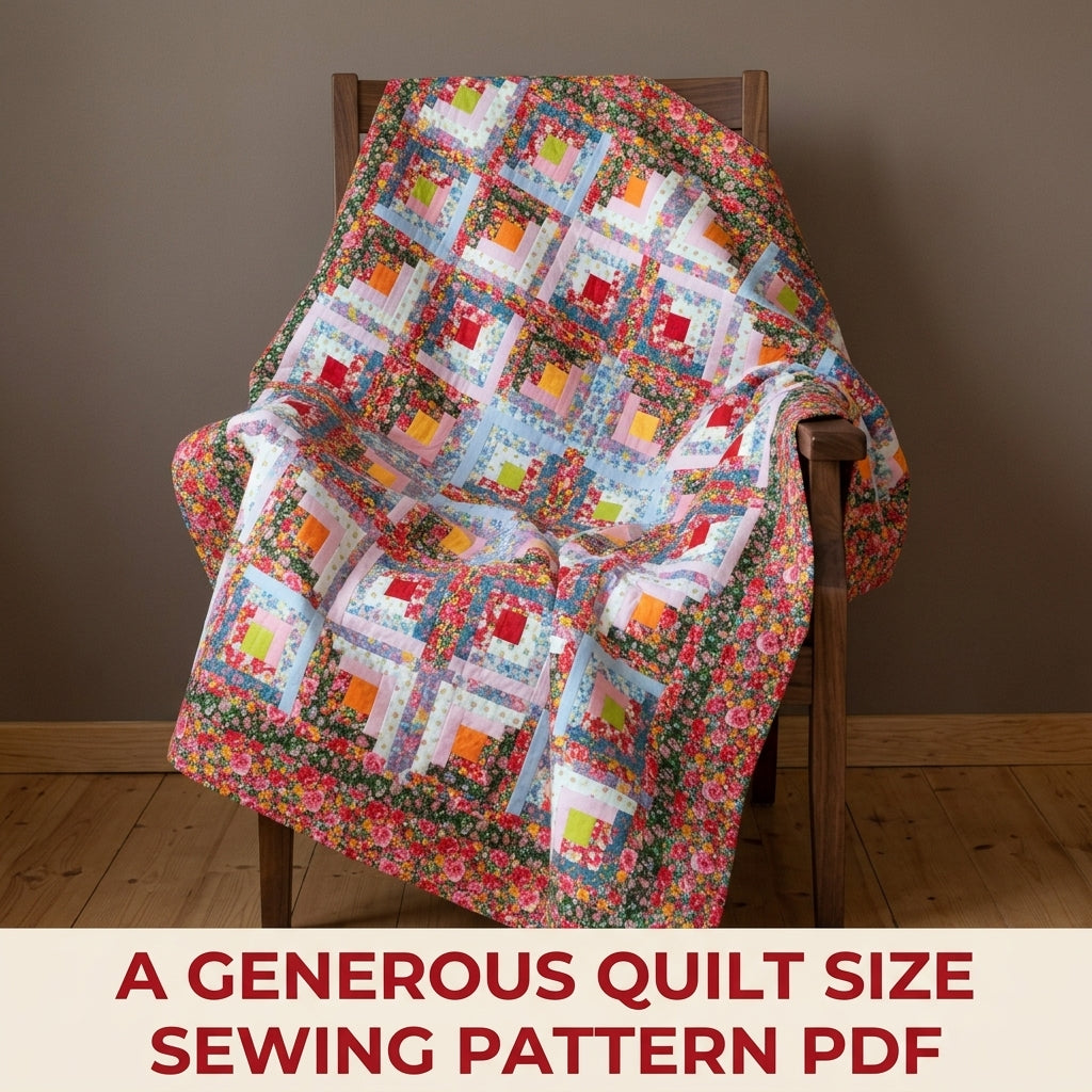 Bright Floral Log Cabin Quilt Sewing Pattern PDF – Classic Log Cabin with Rose Border