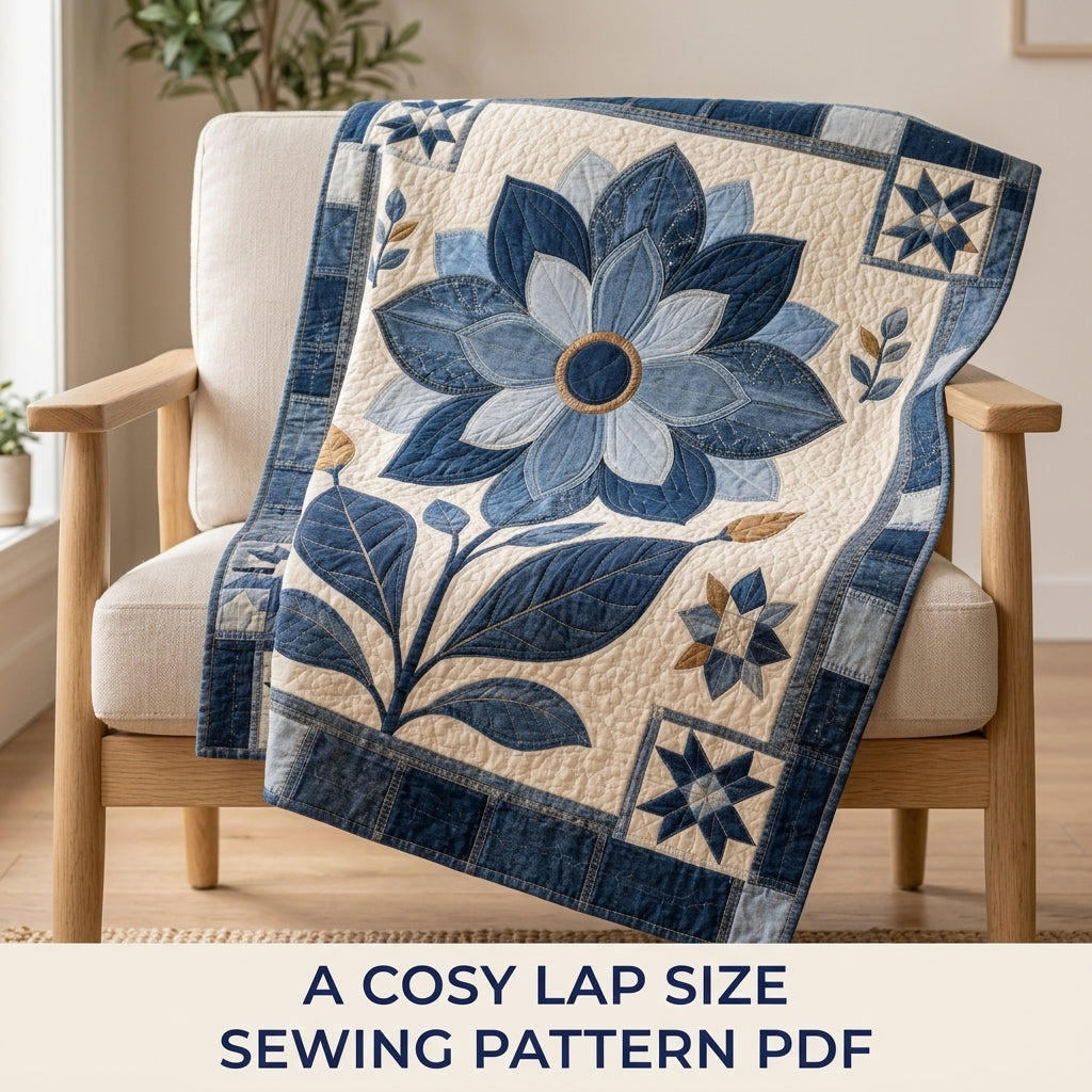 Denim Flower Medallion Quilt Sewing Pattern PDF – Upcycled Jeans Appliqué Quilt