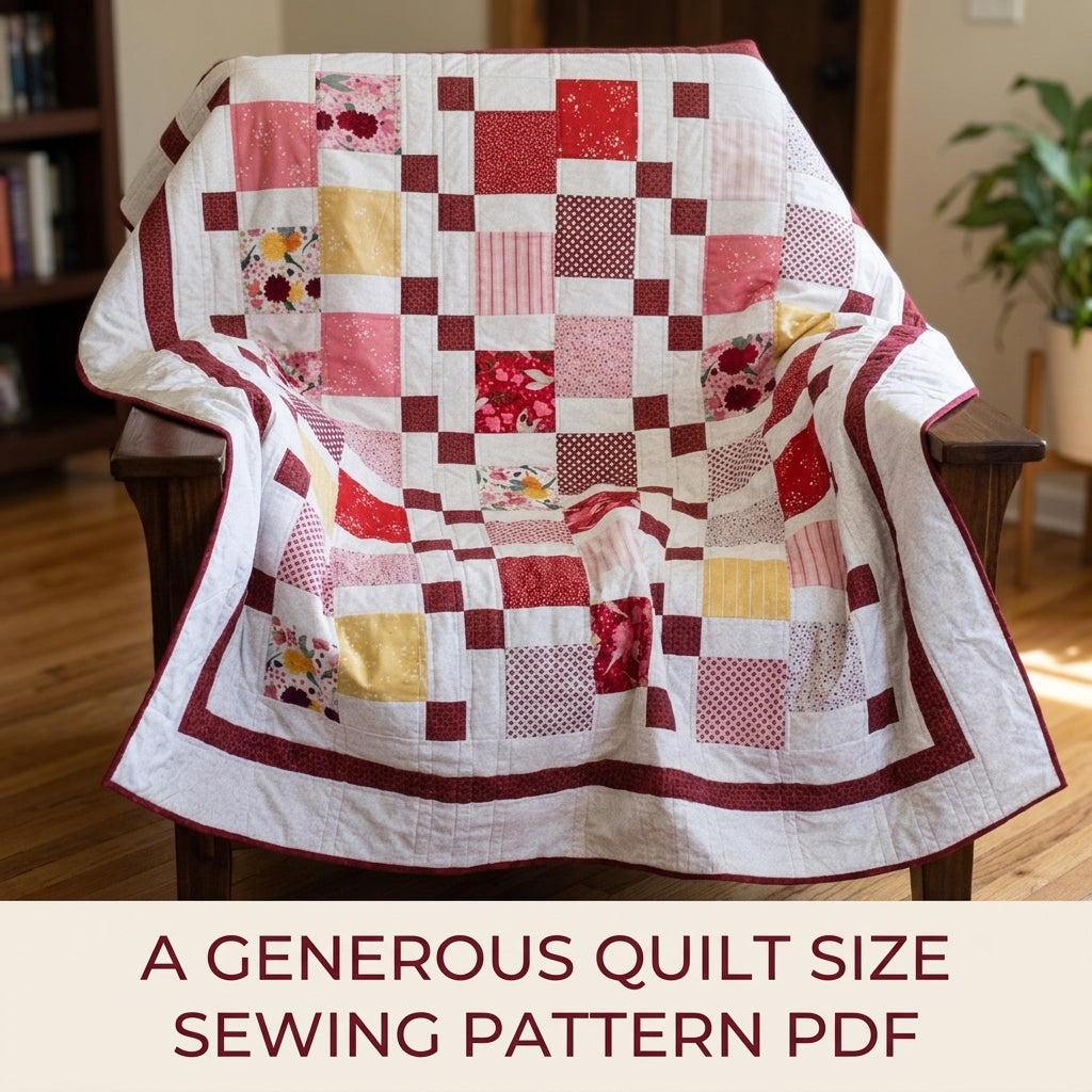 Burgundy Steps Squares Quilt Sewing Pattern PDF – Big Print Squares with Stepping Cornerstones