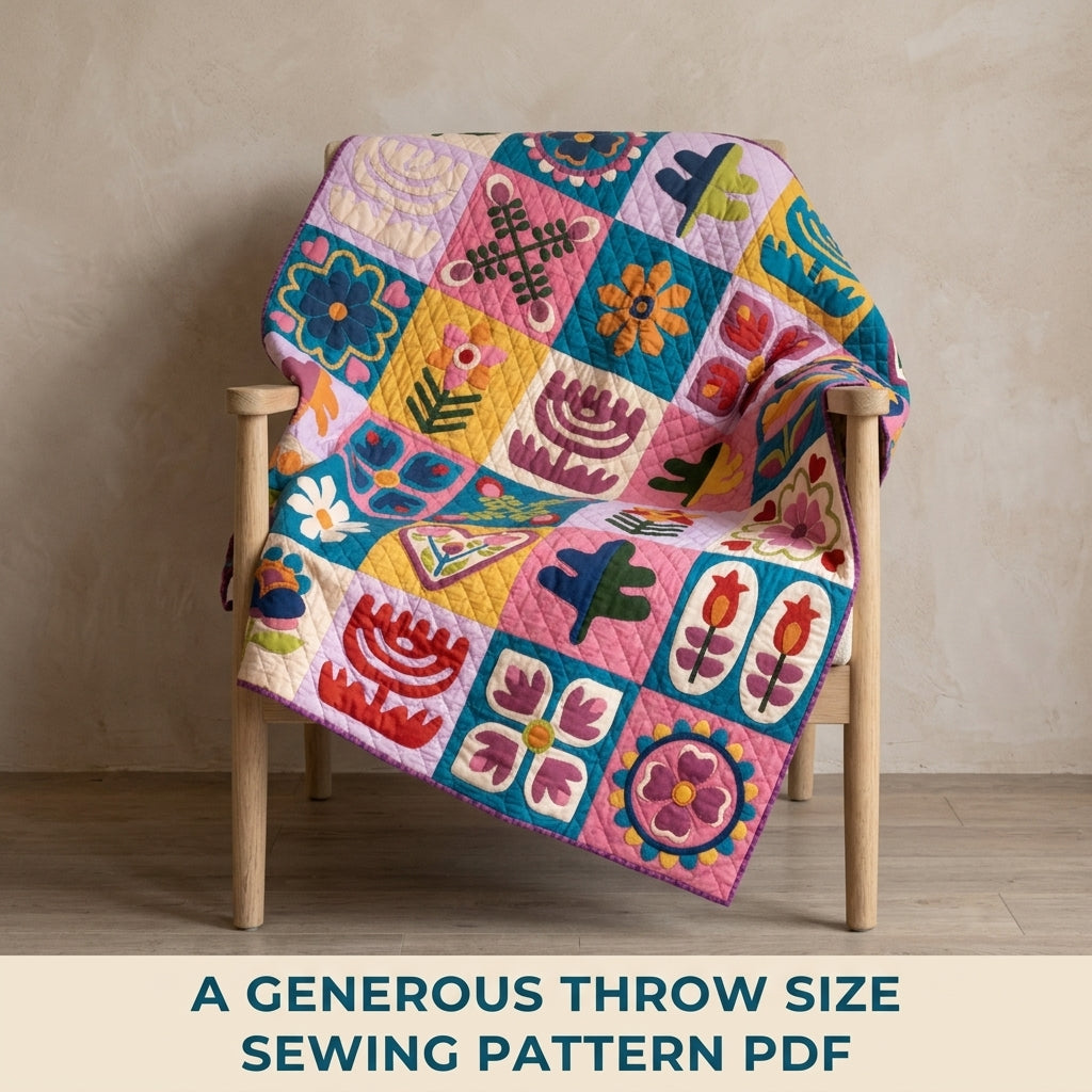 Folk Flower Sampler Quilt Pattern PDF – Scandinavian Appliqué Block Throw Quilt