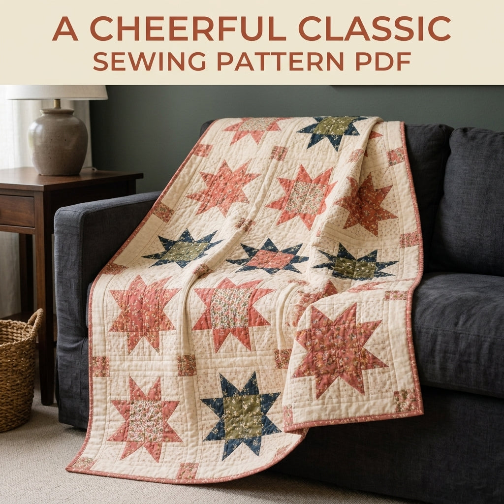 Sawtooth Star Quilt Pattern PDF – Traditional Star Throw Quilt with Sashing and Cornerstones