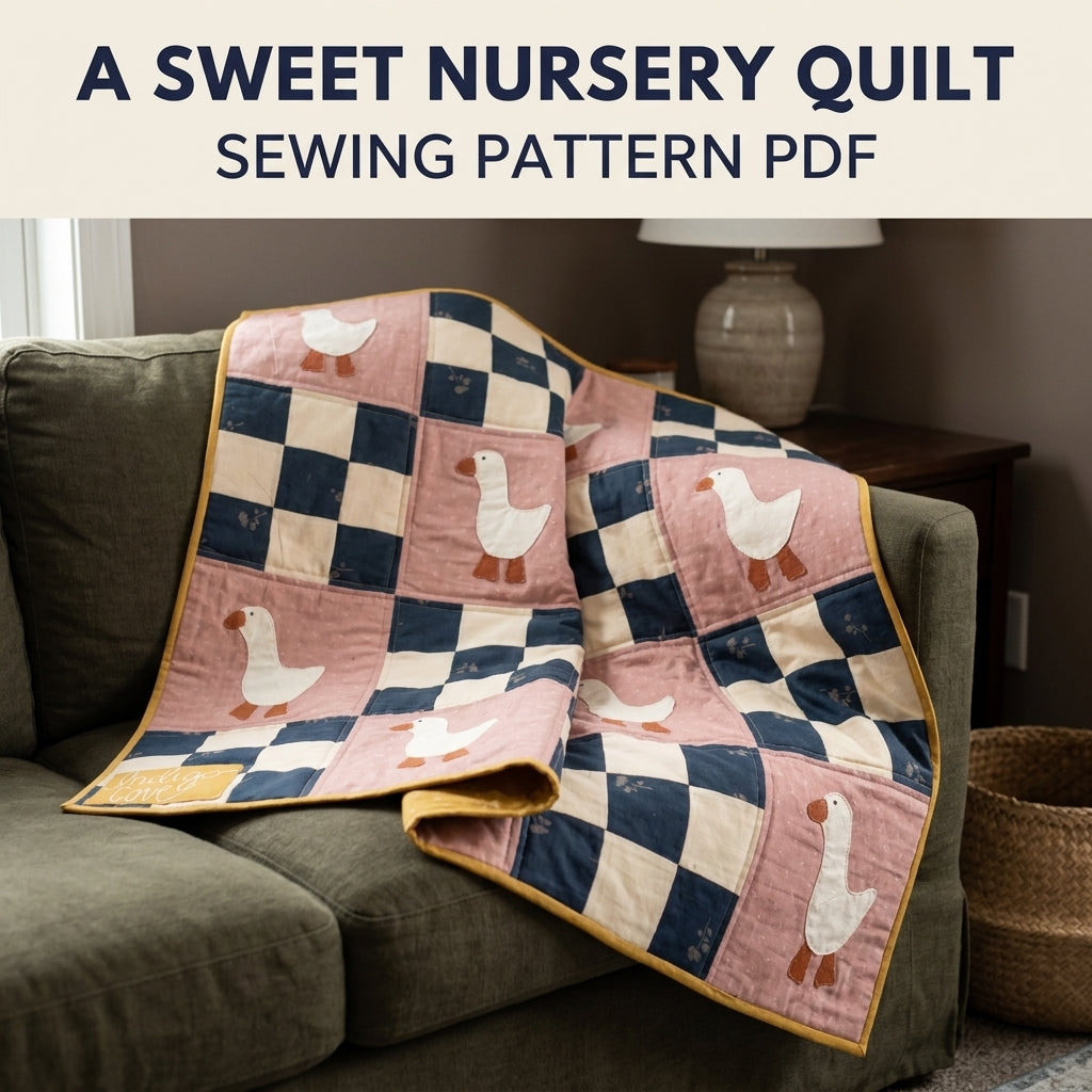 Goose Checkerboard Quilt Sewing Pattern PDF – Baby Quilt with Goose Appliqué