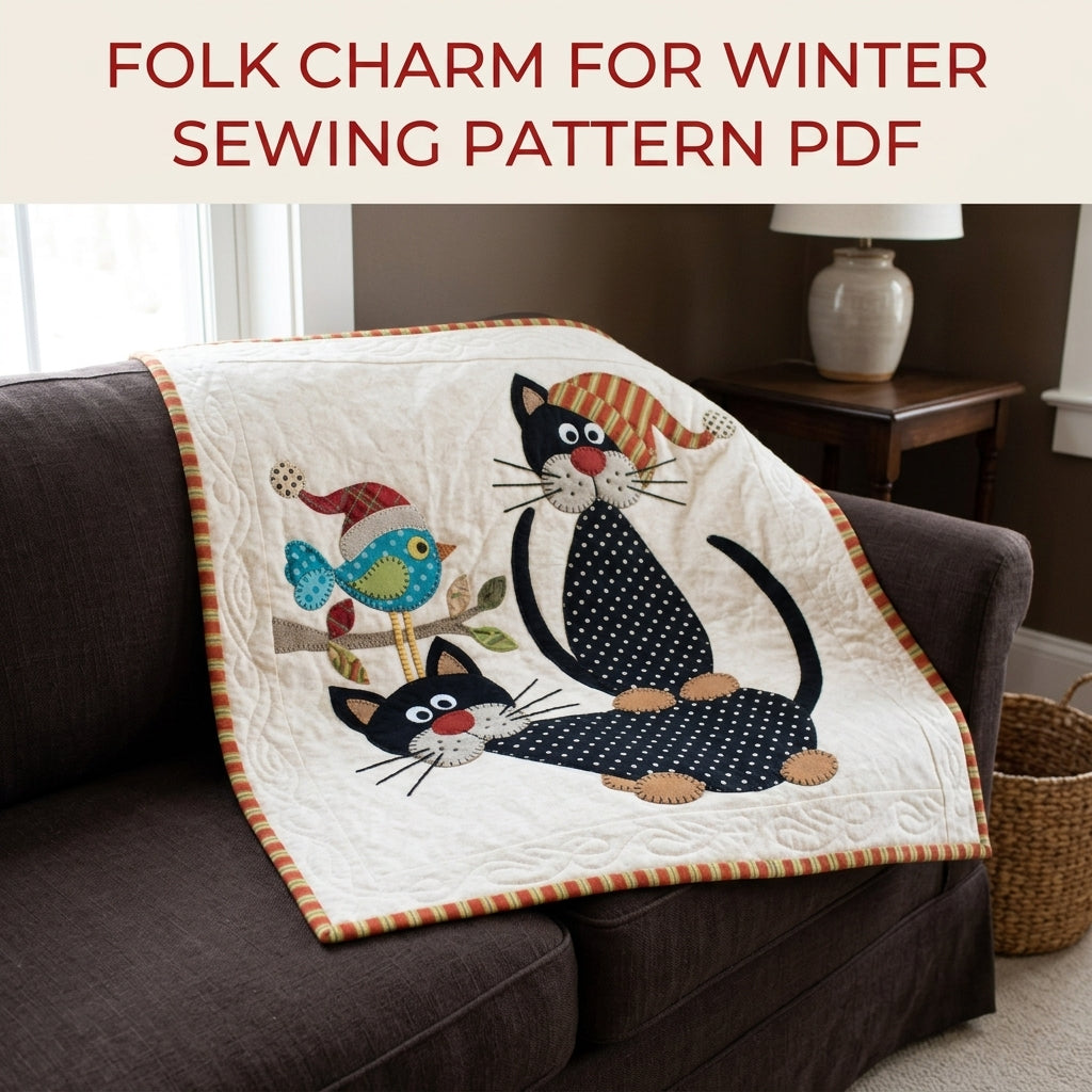 Polka Dot Cats Quilt Sewing Pattern PDF – Folk Cat Appliqué Lap Quilt