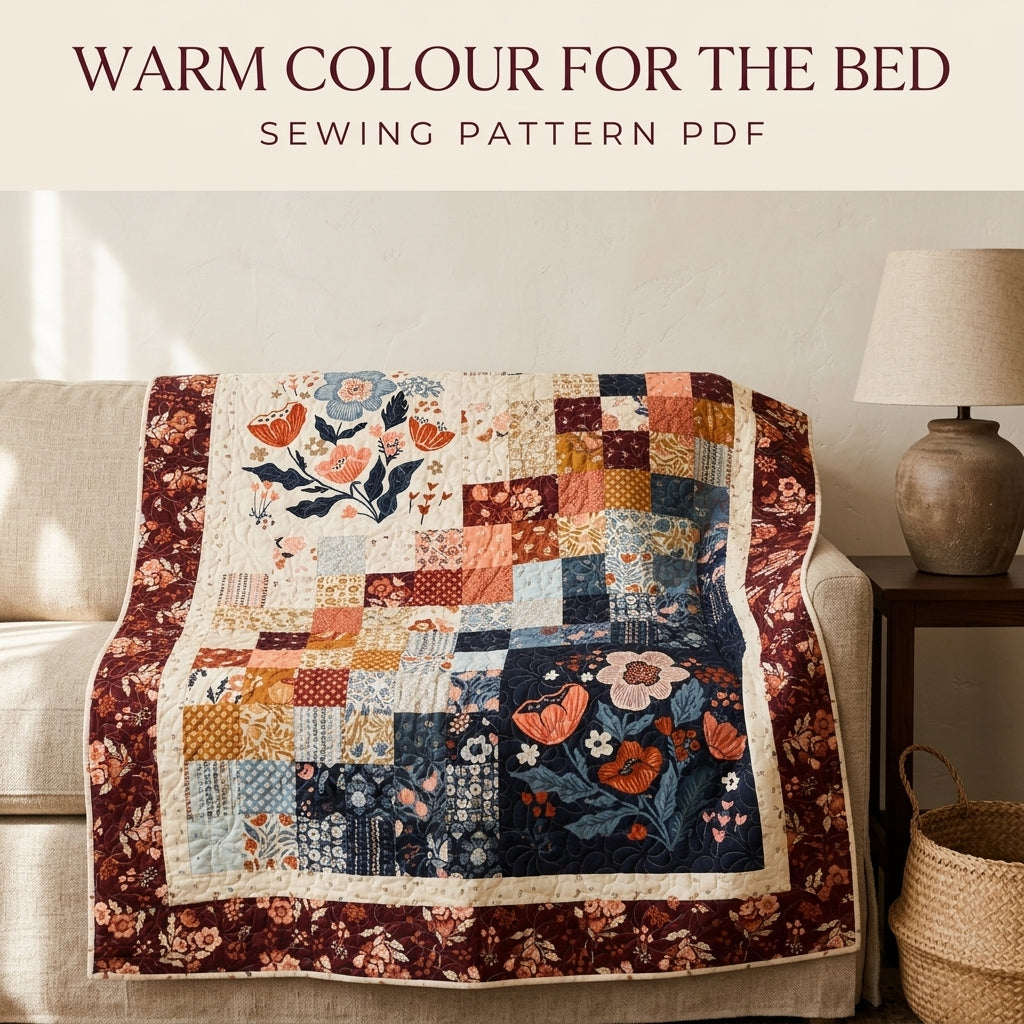 Navy and Burgundy Floral Panel Squares Quilt Sewing Pattern PDF – Easy Quilt with Two Large Print Blocks