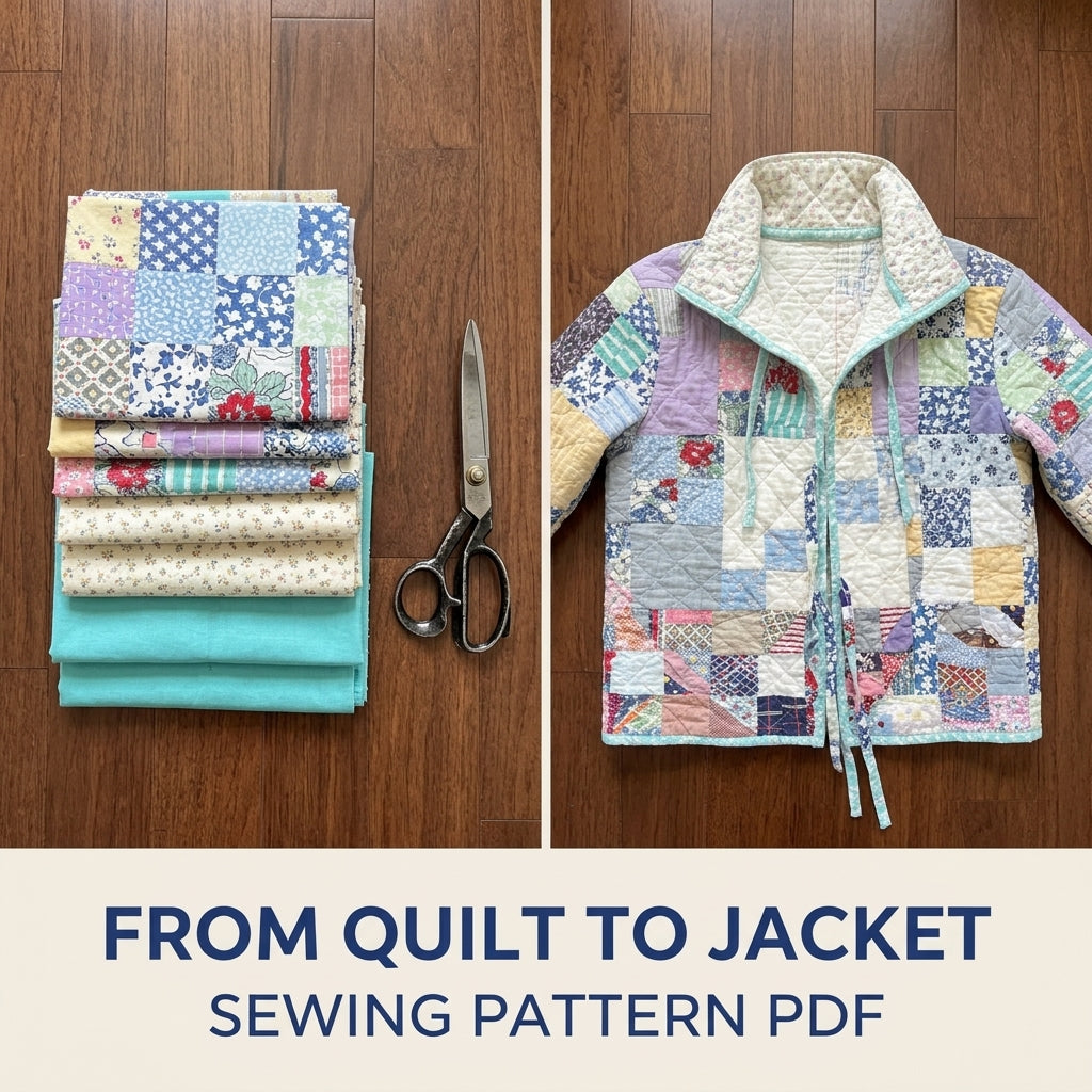 Vintage Patchwork Tie Jacket Sewing Pattern PDF – Upcycled Quilt Jacket