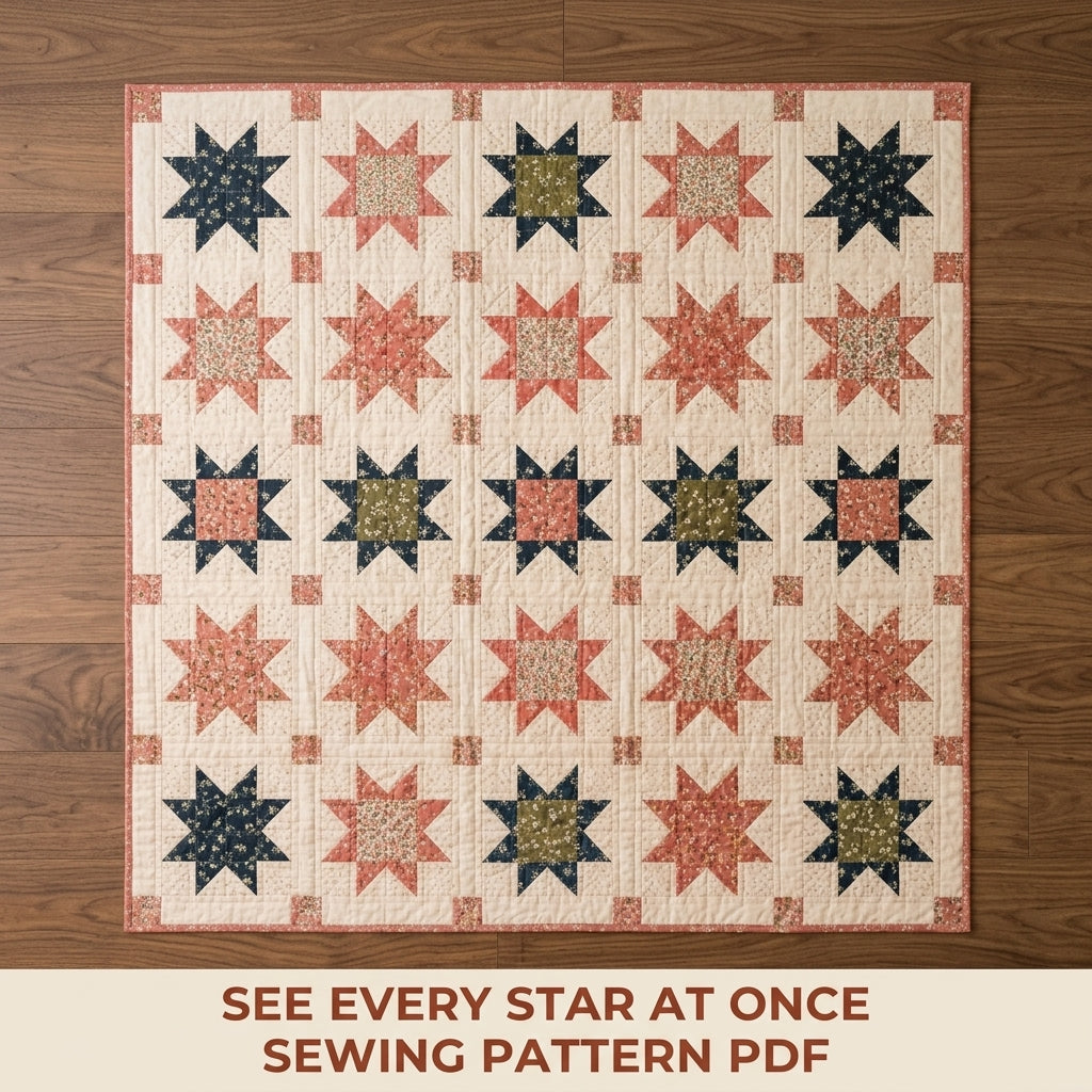 Sawtooth Star Quilt Pattern PDF – Traditional Star Throw Quilt with Sashing and Cornerstones