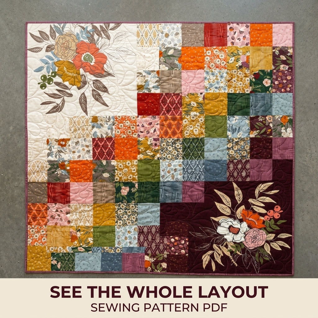 Floral Panel Scrappy Quilt Pattern PDF – Big Print Showcase Throw with Patchwork Squares