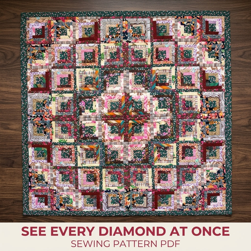 Floral Log Cabin Diamond Quilt Sewing Pattern PDF – Scrappy Barn Raising Quilt