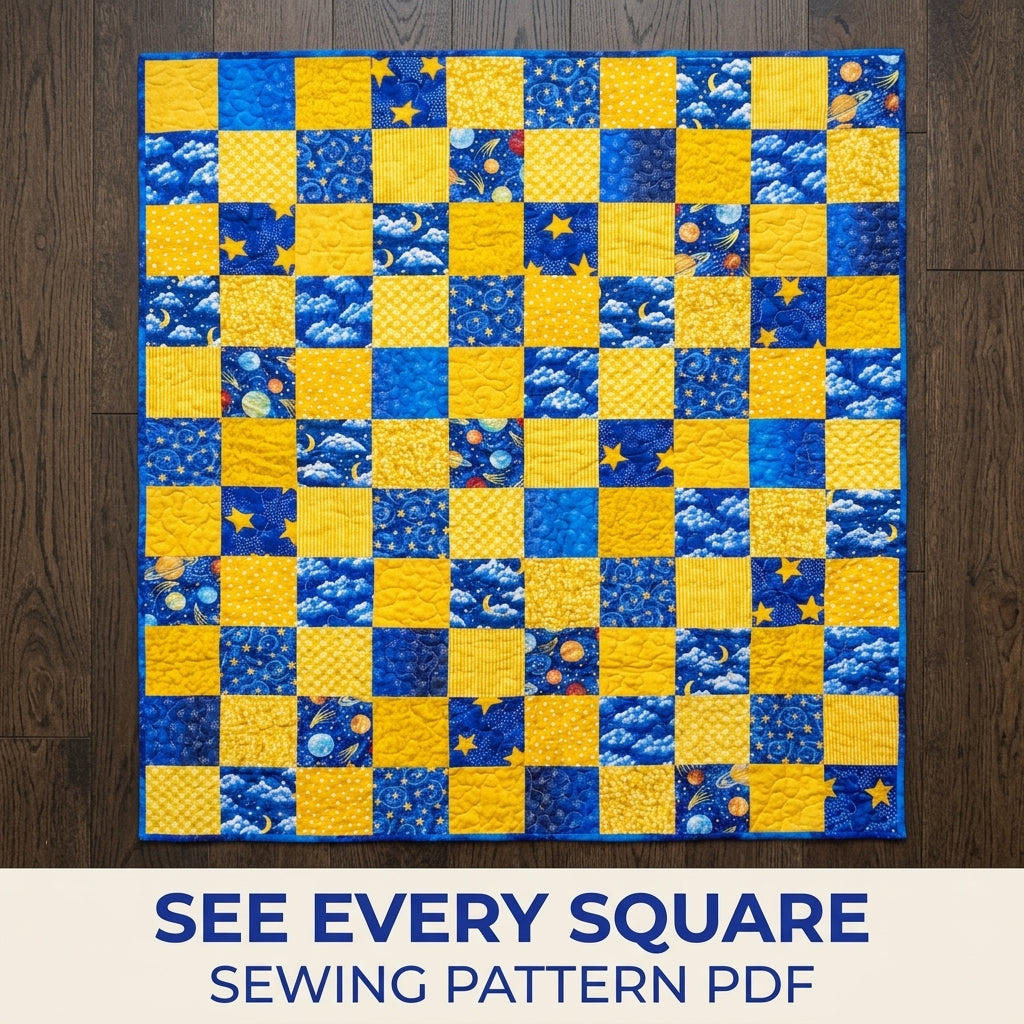 Star and Moon Checkerboard Quilt Sewing Pattern PDF – Easy Kids Square Quilt