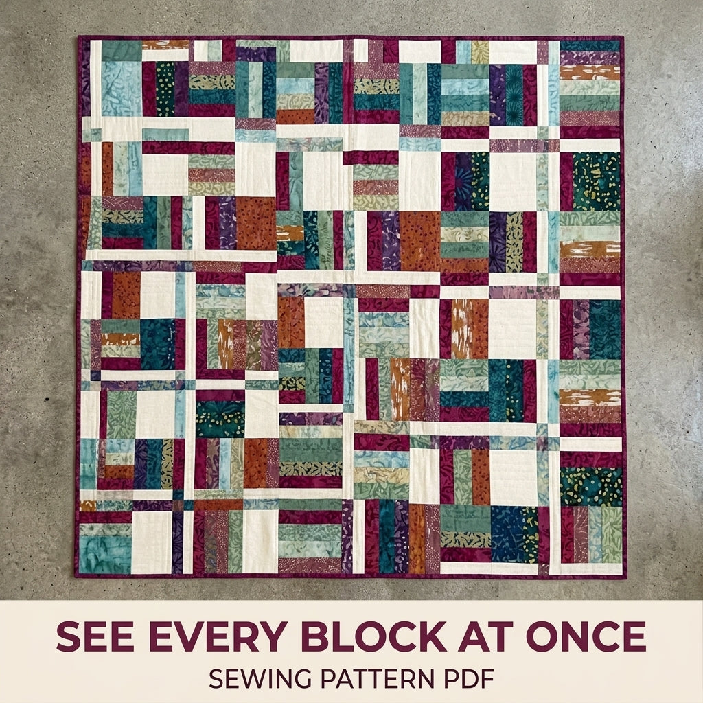 Modern Rail Fence Quilt Pattern PDF – Scrappy Strip Throw Quilt for Batik Fabrics