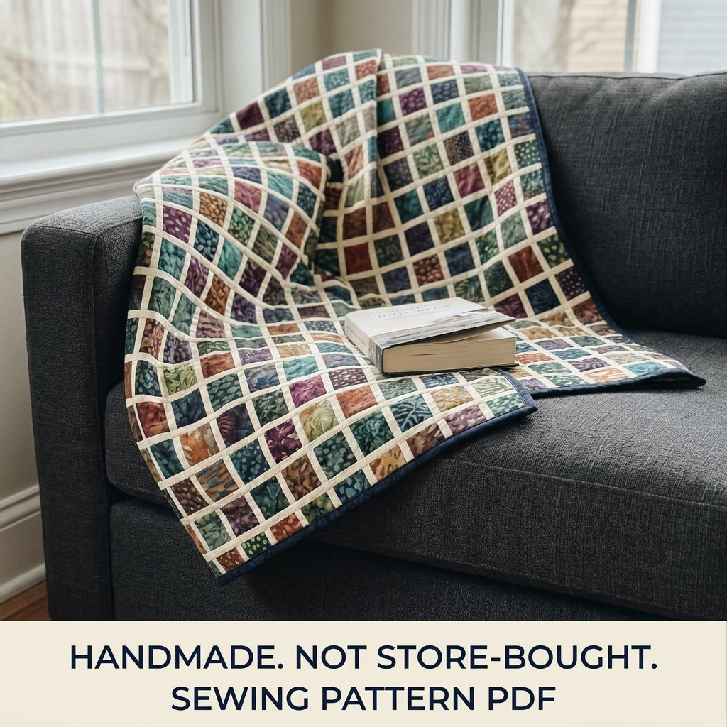 Modern Mosaic Quilt Pattern PDF – Small Squares Throw Quilt with Narrow Sashing for Batik Fabrics