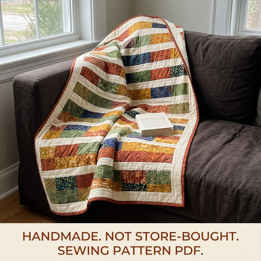 Modern Bars Quilt Pattern PDF – Easy Rectangle Throw Quilt with Batik Bars and Cream Stripes