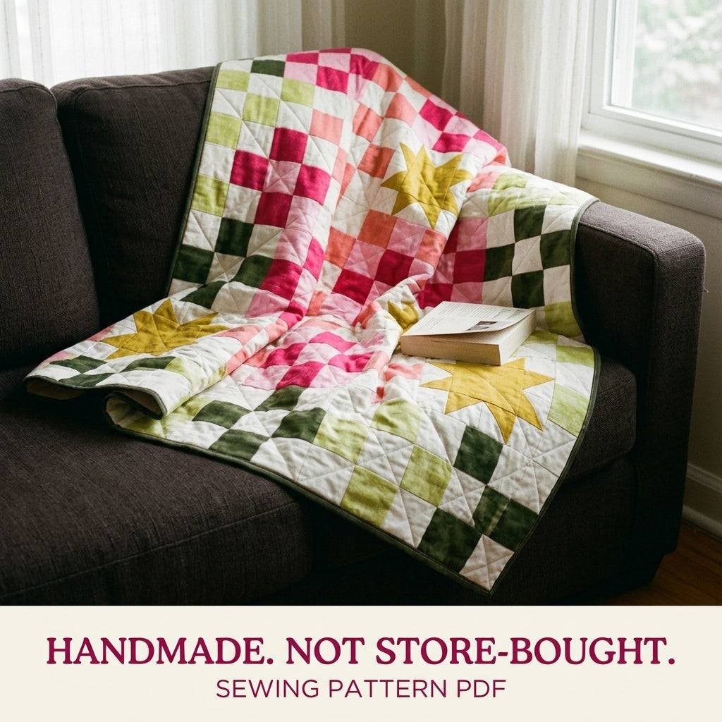 Checkerboard Star Quilt Pattern PDF – Modern Pink and Green Squares Throw Quilt