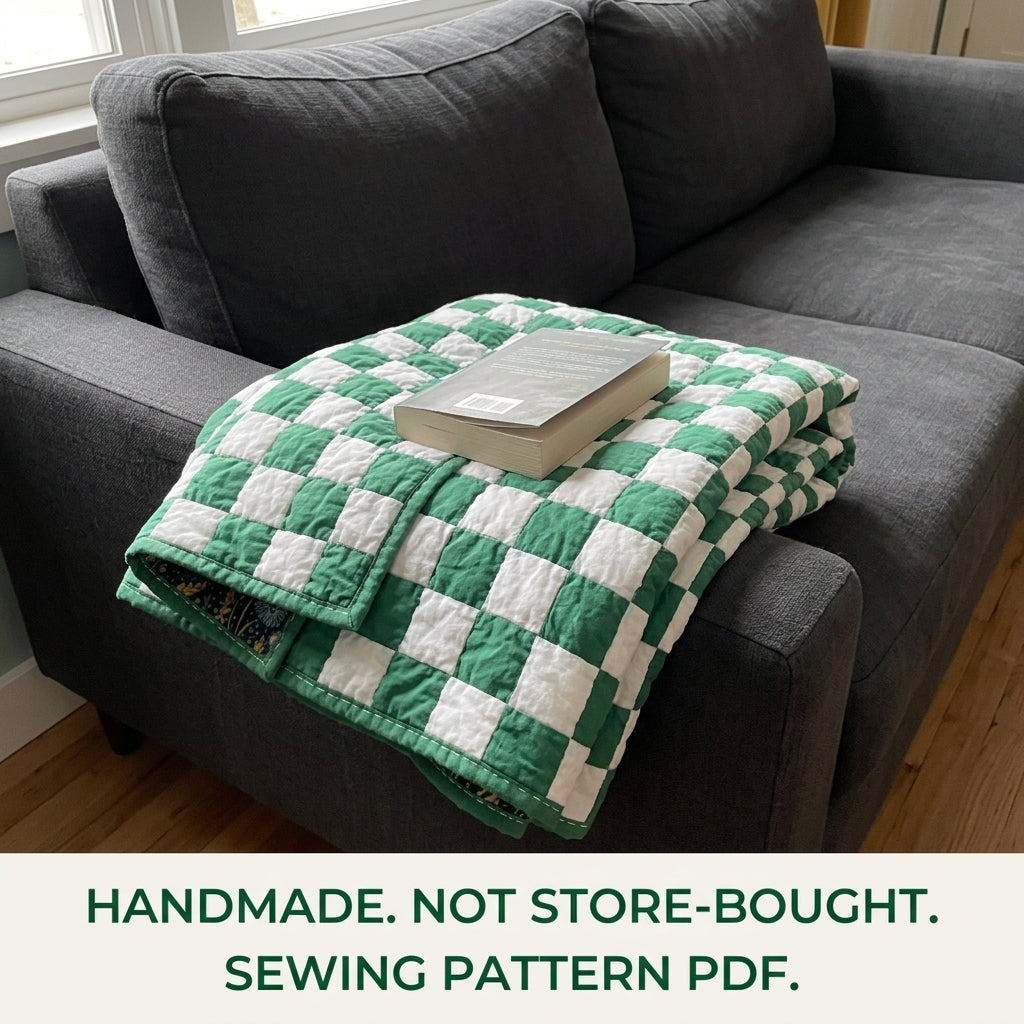 Green Checkerboard Quilt Pattern PDF – Easy Two-Colour Squares Throw Quilt