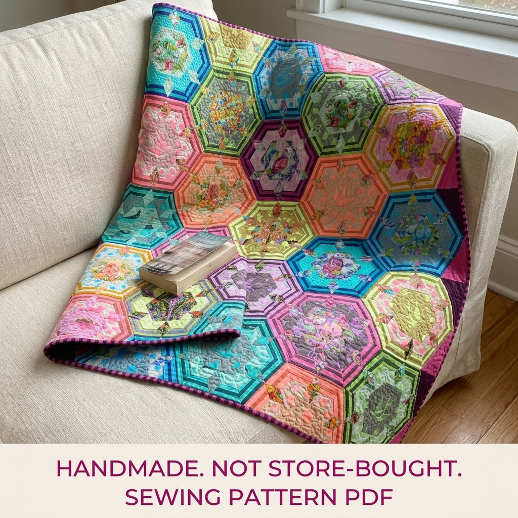 Framed Hexagon Feature Quilt Pattern PDF – Fussy Cut Hexagon Quilt for Big Prints