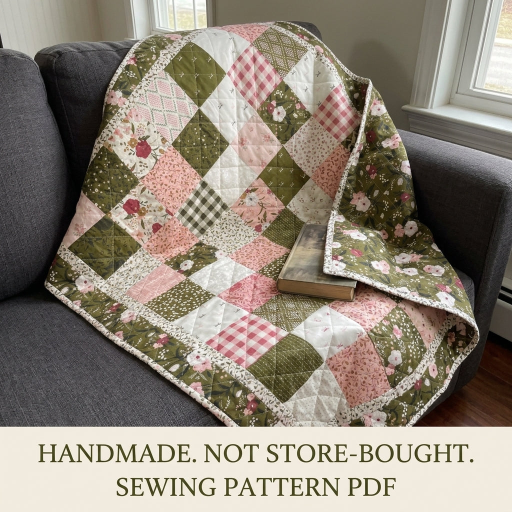 Olive and Pink Garden Patchwork Quilt Sewing Pattern PDF – Easy Squares Quilt
