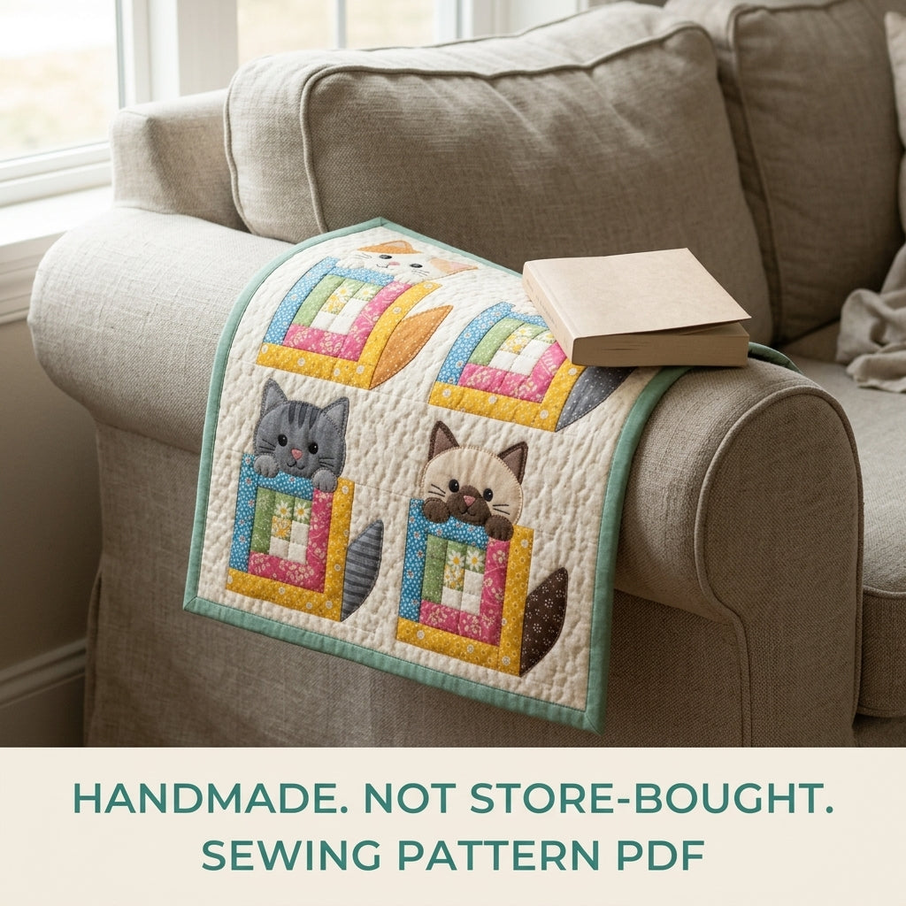 Log Cabin Kitty Mini Quilt Sewing Pattern PDF – Cat Appliqué Wall Quilt