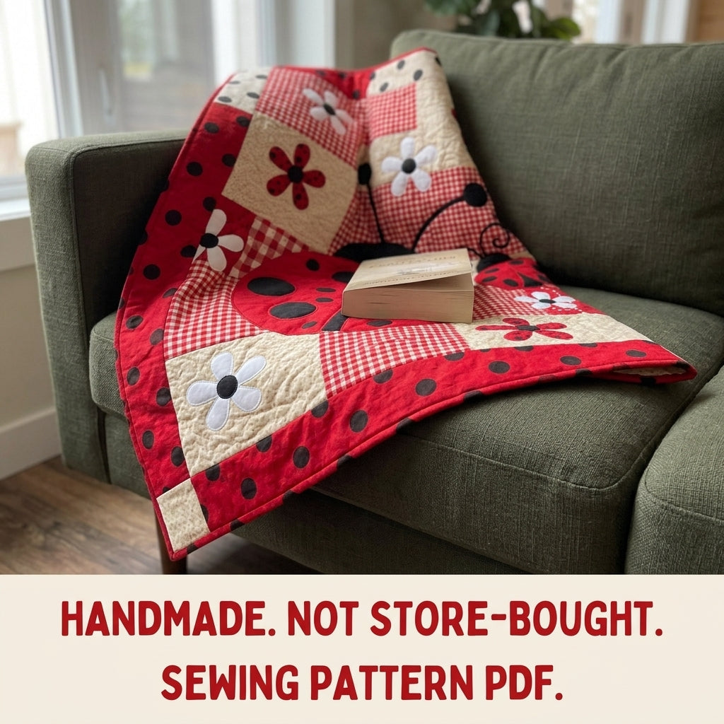 Big Ladybug Gingham Quilt Sewing Pattern PDF – Appliqué Baby Quilt