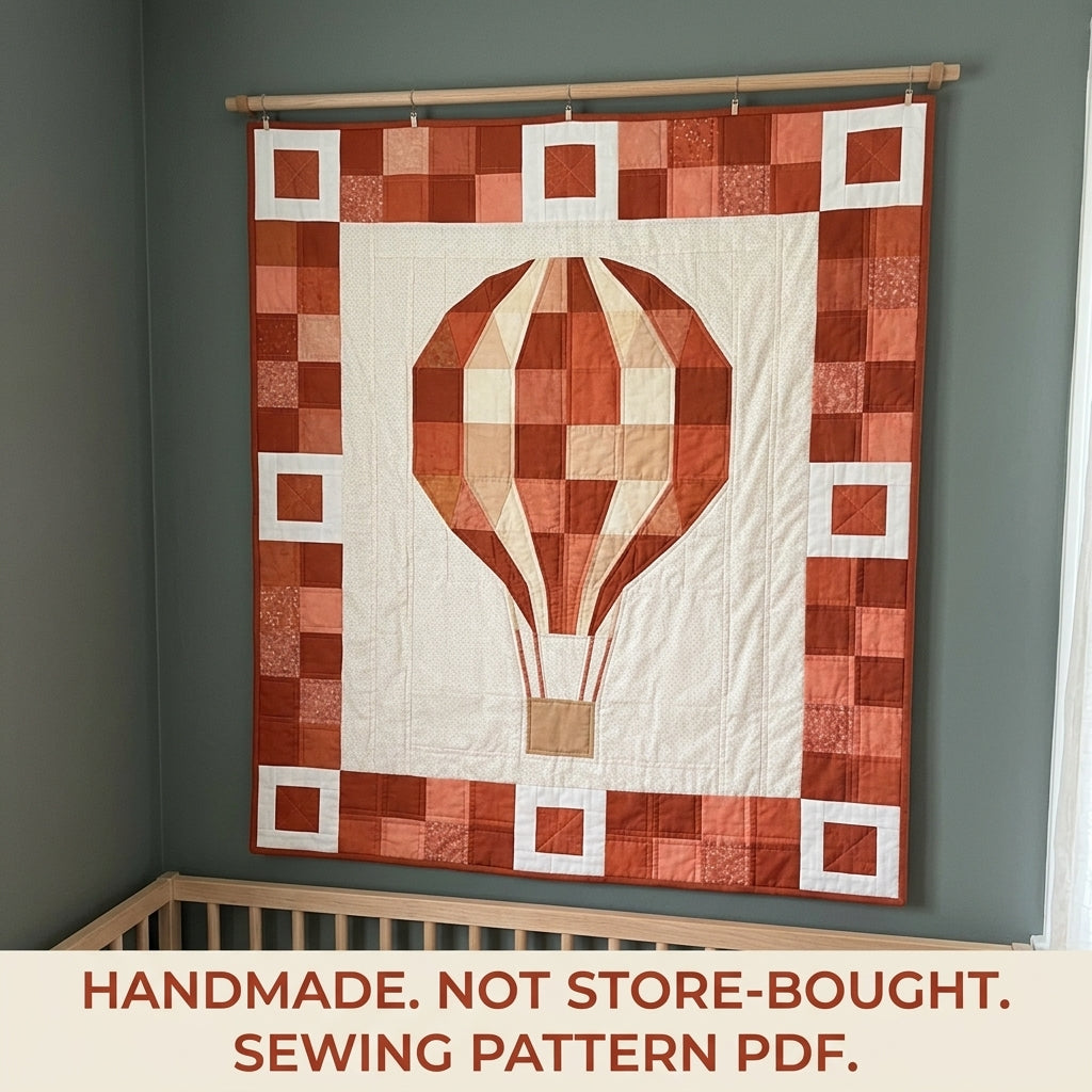 Hot Air Balloon Baby Quilt Pattern PDF – Pieced Nursery Quilt with Checkerboard Border