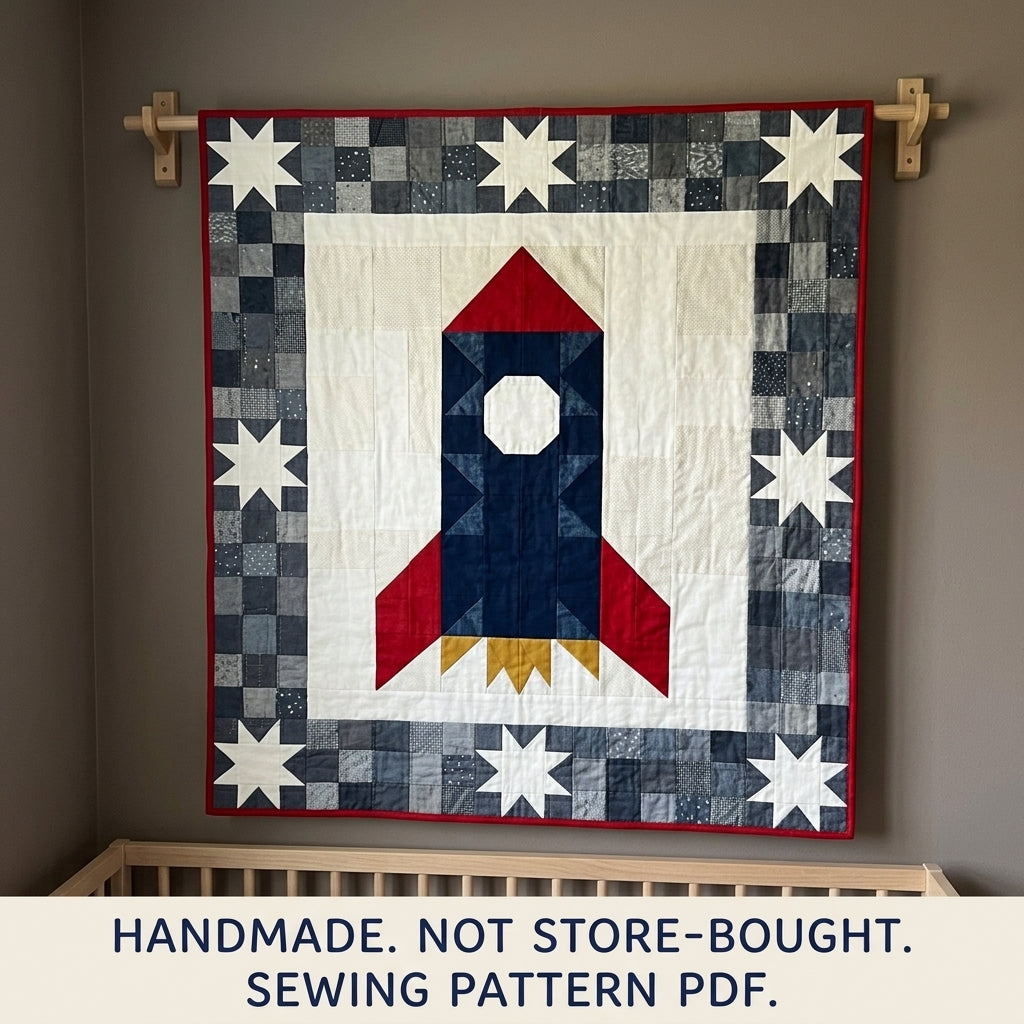 Rocket Baby Quilt Pattern PDF – Space Pieced Nursery Quilt with Star Border