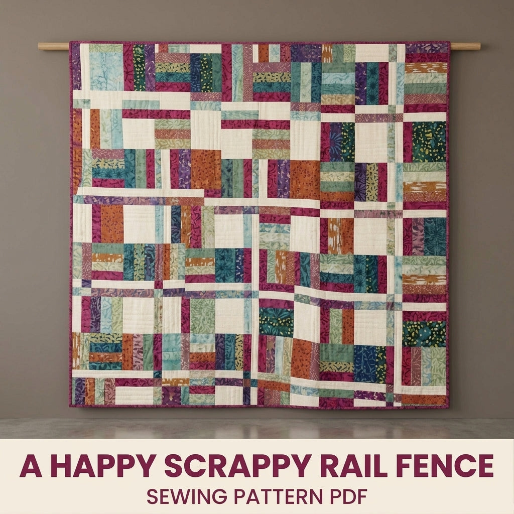 Modern Rail Fence Quilt Pattern PDF – Scrappy Strip Throw Quilt for Batik Fabrics
