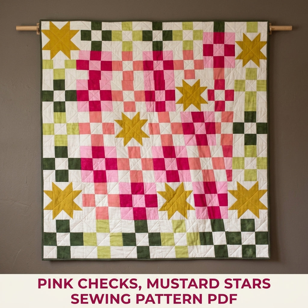Checkerboard Star Quilt Pattern PDF – Modern Pink and Green Squares Throw Quilt