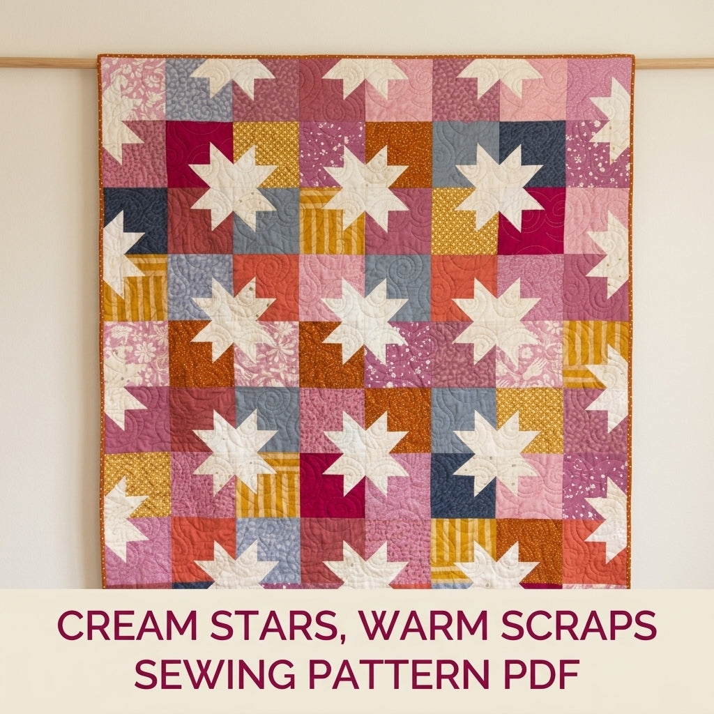 Scrappy Star Grid Quilt Pattern PDF – Large Square Throw Quilt with Eight-Point Stars