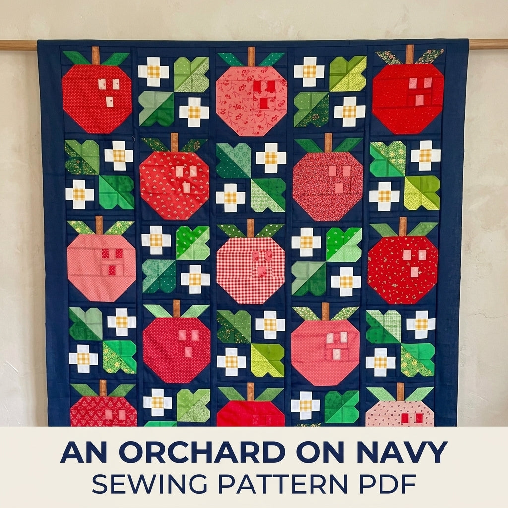 Apple Orchard Quilt Pattern PDF – Pieced Apple and Blossom Block Throw on Navy