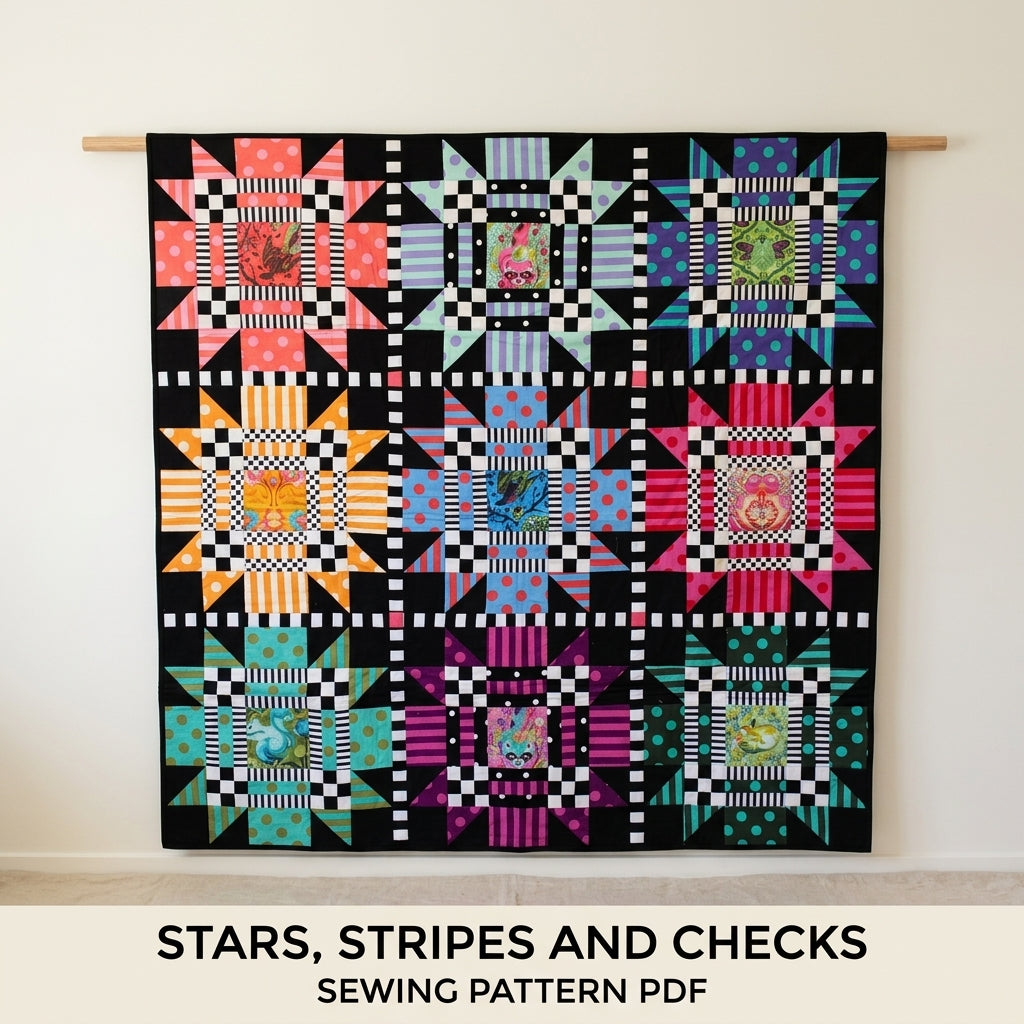 Star Checker Frame Quilt Pattern PDF – Bold Fussy Cut Star Block Quilt on Black