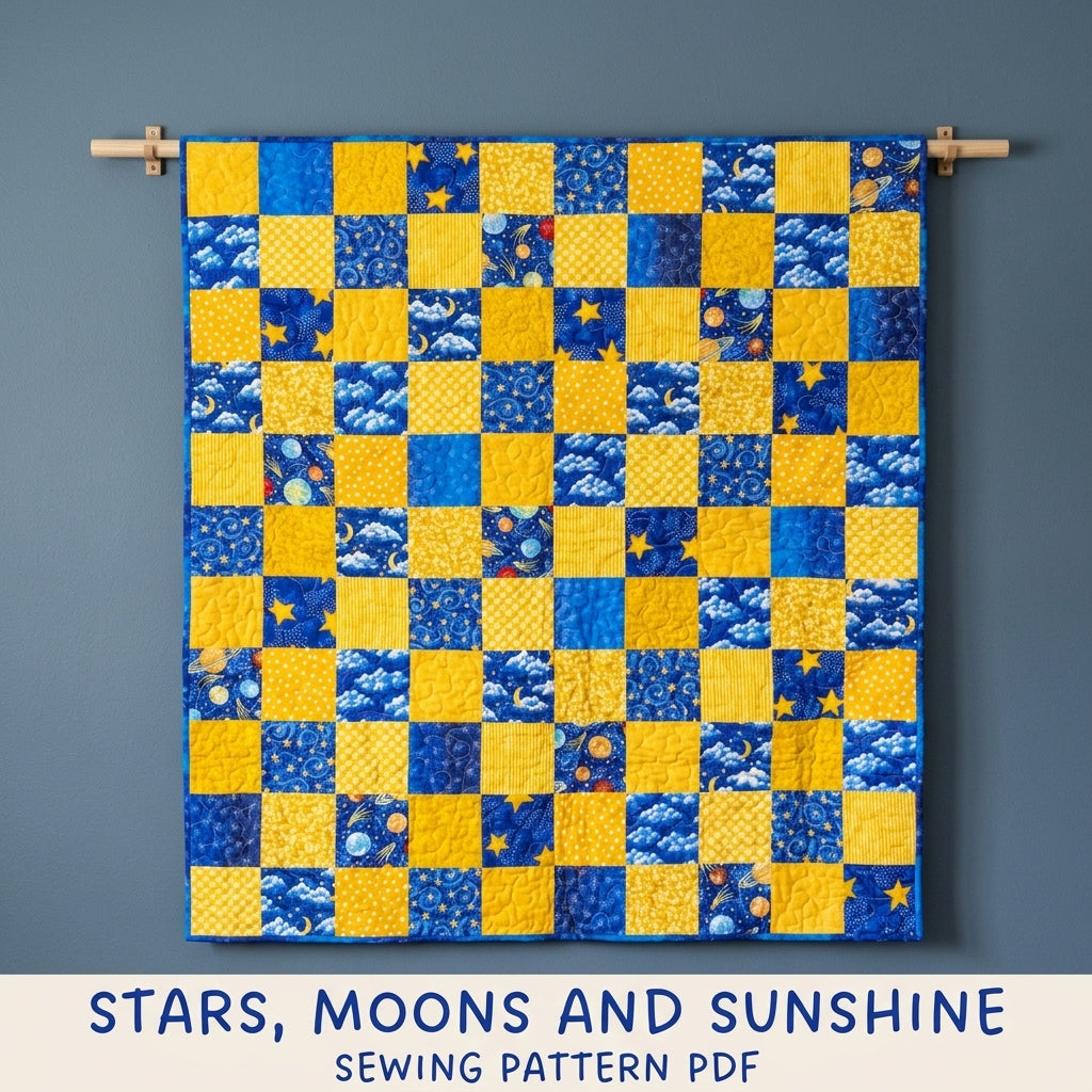 Star and Moon Checkerboard Quilt Sewing Pattern PDF – Easy Kids Square Quilt