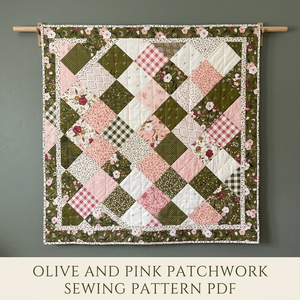 Olive and Pink Garden Patchwork Quilt Sewing Pattern PDF – Easy Squares Quilt