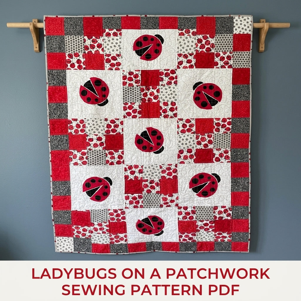 Ladybug Patchwork Quilt Sewing Pattern PDF – Appliqué Ladybug Squares Quilt