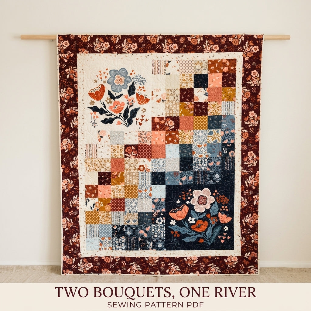 Navy and Burgundy Floral Panel Squares Quilt Sewing Pattern PDF – Easy Quilt with Two Large Print Blocks