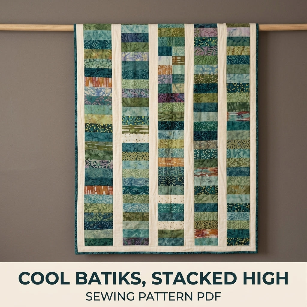 Modern Coin Stack Quilt Pattern PDF – Strip Throw Quilt with Batik Columns and Cream Sashing