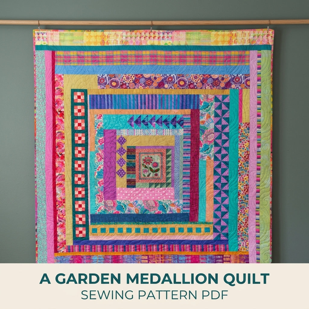 Garden Medallion Strip Quilt Pattern PDF – Improv Medallion Quilt with Pieced Rounds