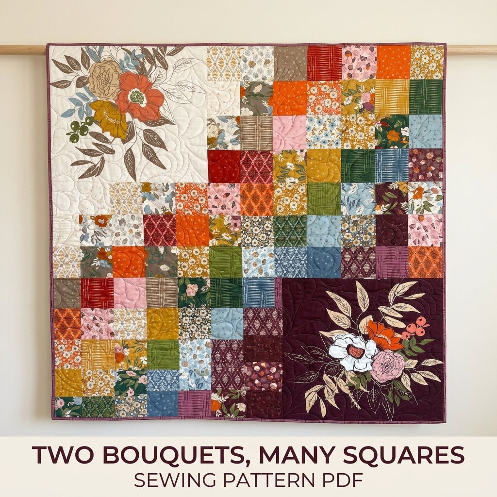 Floral Panel Patchwork Quilt Sewing Pattern PDF – Easy Squares Quilt with Large Print Blocks