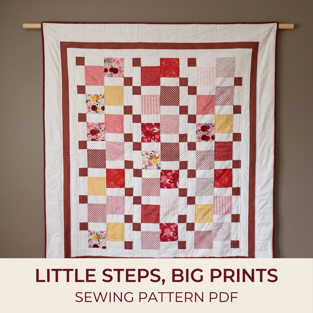 Burgundy Steps Squares Quilt Sewing Pattern PDF – Big Print Squares with Stepping Cornerstones
