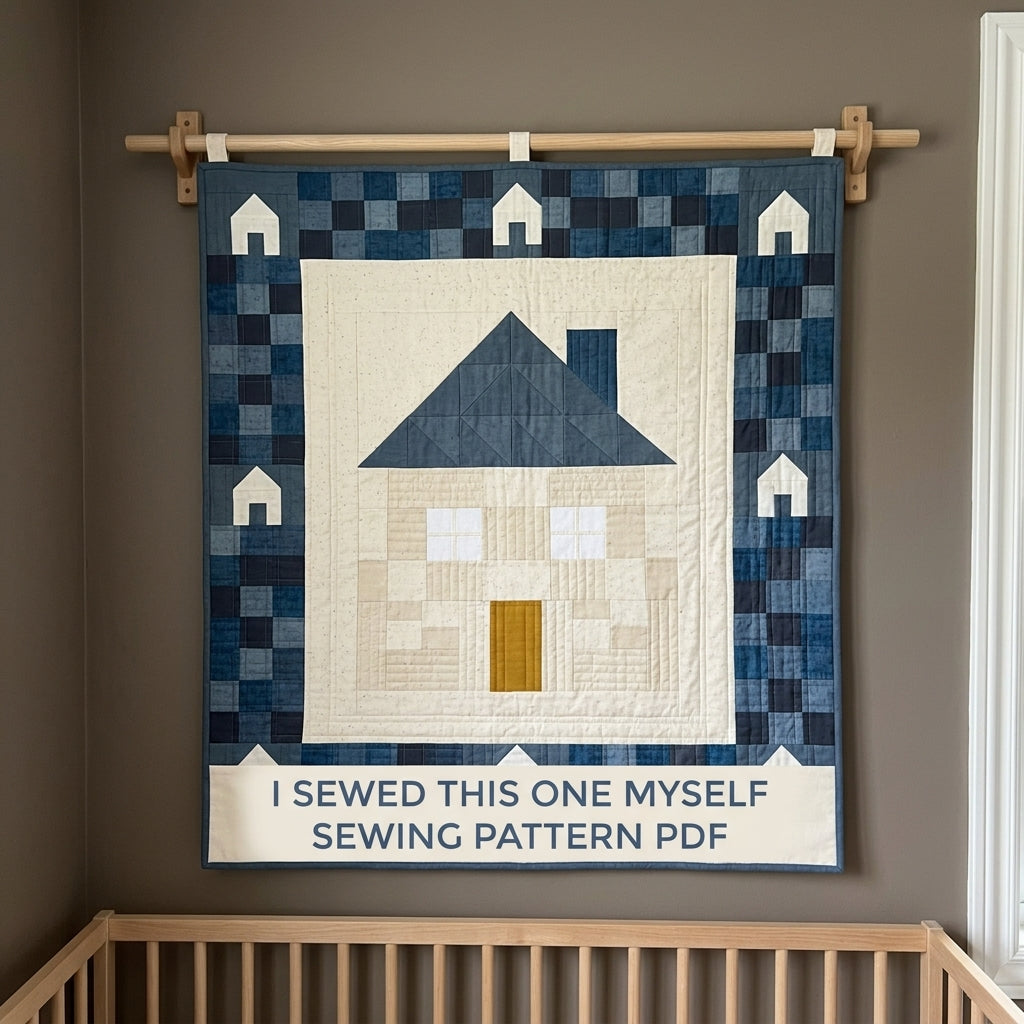 Little House Baby Quilt Pattern PDF – Pieced Nursery Quilt with Blue Checkerboard Border