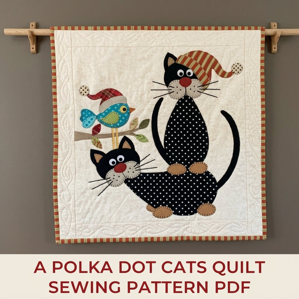 Polka Dot Cats Quilt Sewing Pattern PDF – Folk Cat Appliqué Lap Quilt