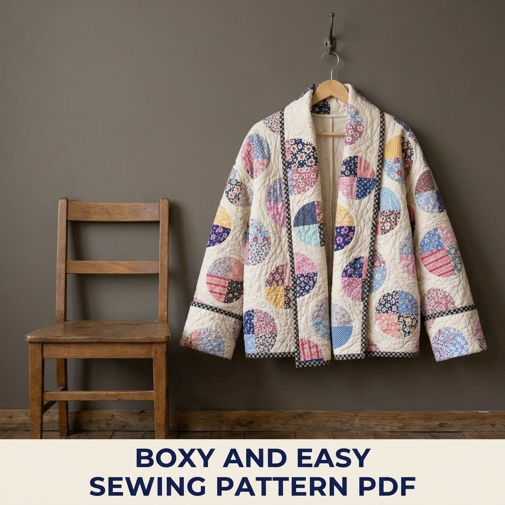 Circle Quarters Quilt Jacket Sewing Pattern PDF – Boxy Shawl Collar Jacket from a Vintage Quilt