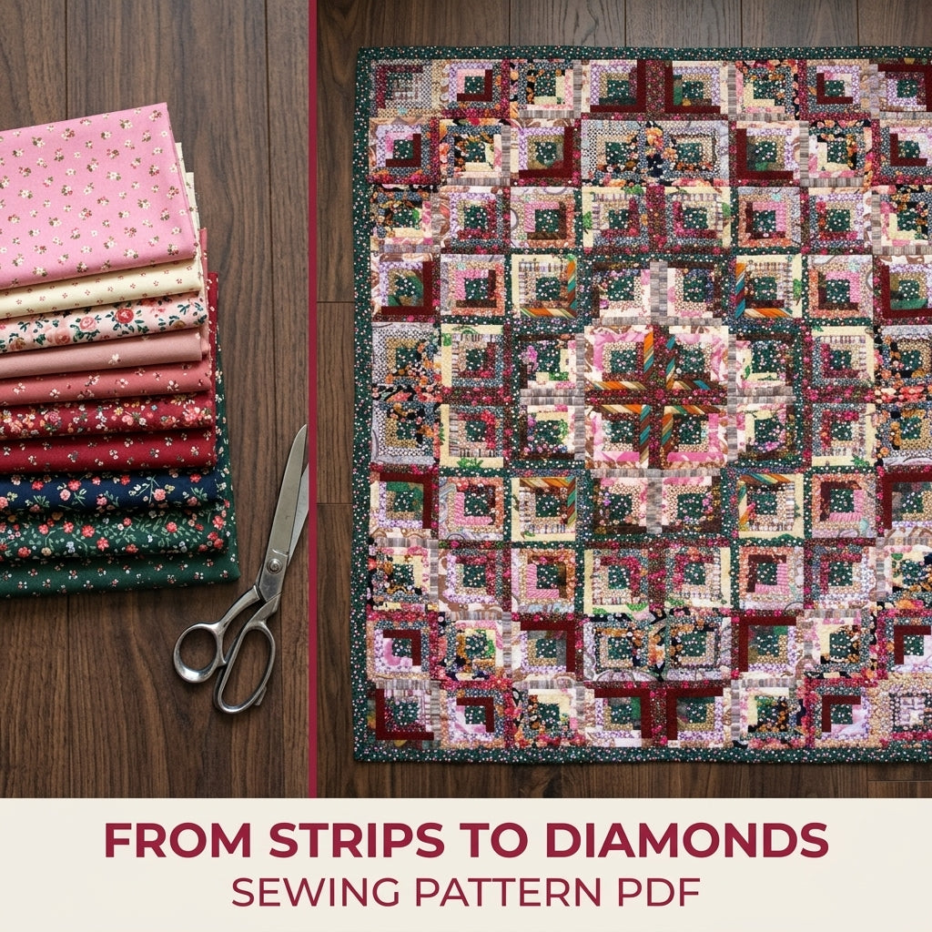 Floral Log Cabin Diamond Quilt Sewing Pattern PDF – Scrappy Barn Raising Quilt