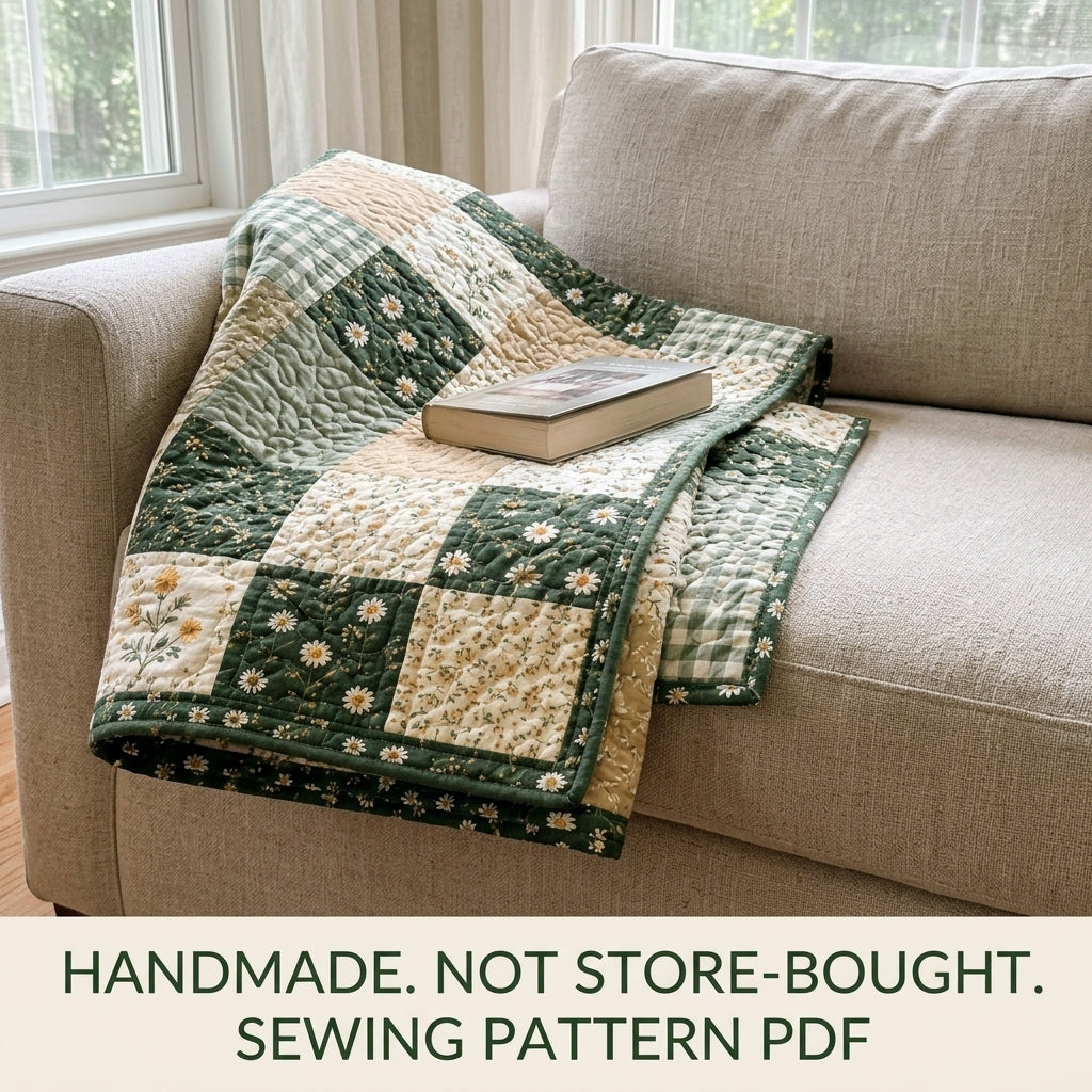 Green Meadow Patchwork Quilt Sewing Pattern PDF – Easy Squares Green Floral Quilt
