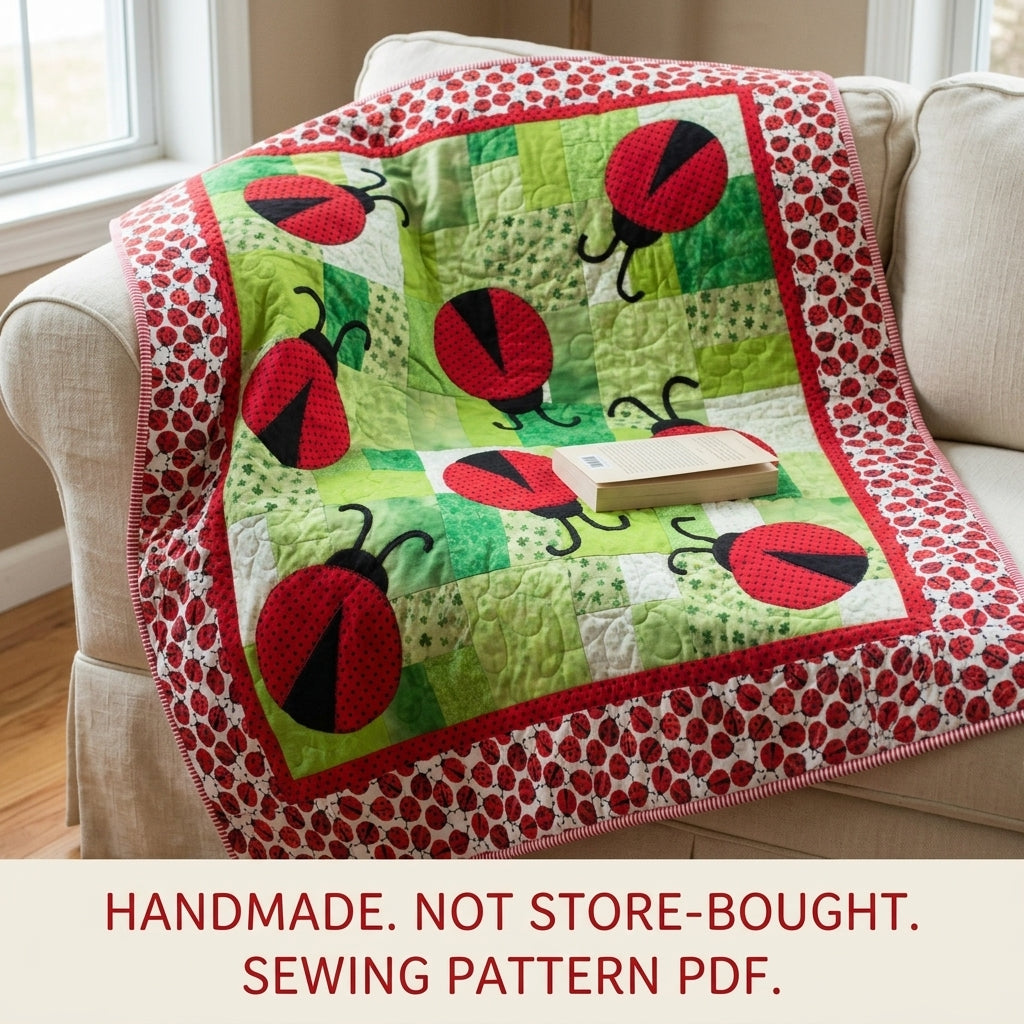 Ladybug Meadow Quilt Sewing Pattern PDF – Appliqué Ladybug Quilt on Green Patchwork
