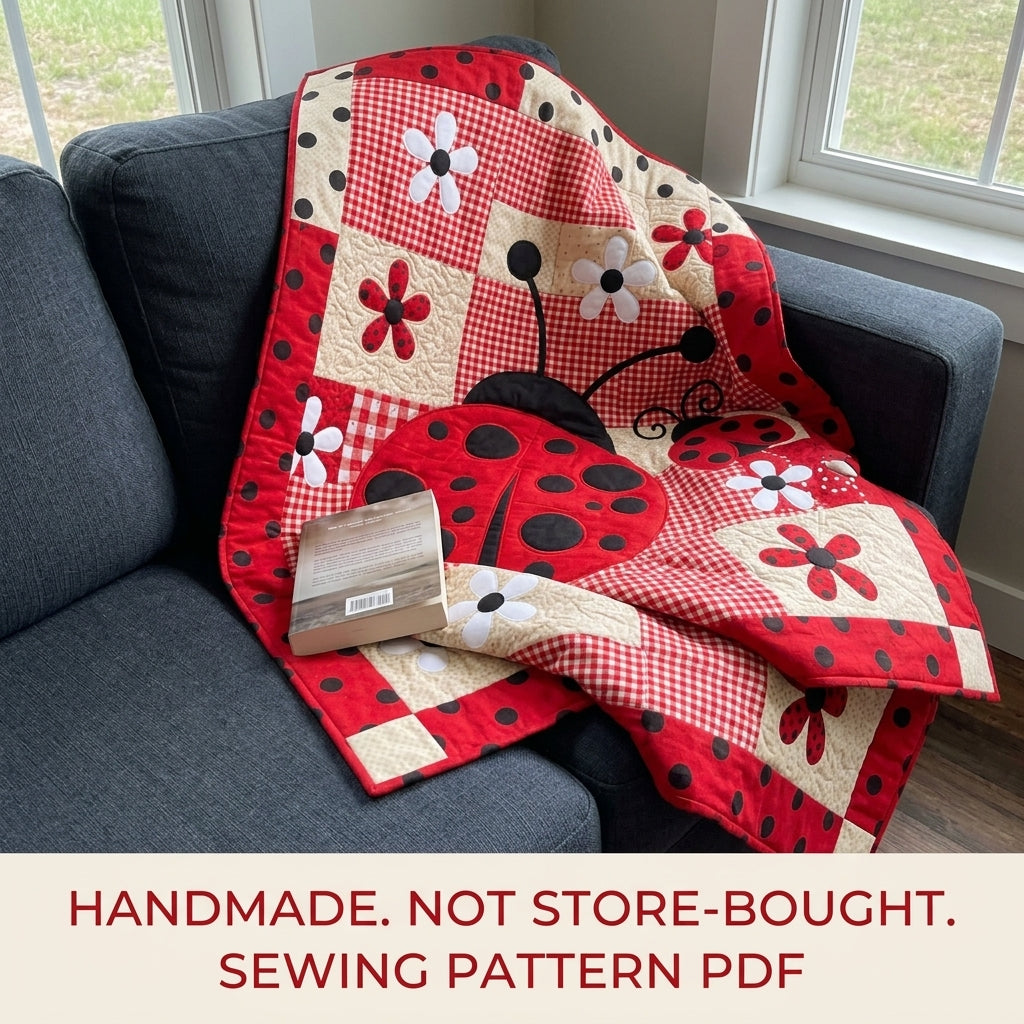 Big Ladybug Gingham Quilt Sewing Pattern PDF – Giant Ladybug Appliqué Quilt