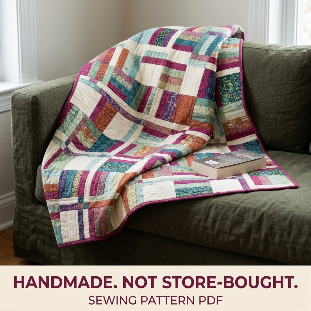 Modern Rail Fence Quilt Pattern PDF – Scrappy Strip Throw Quilt for Batik Fabrics