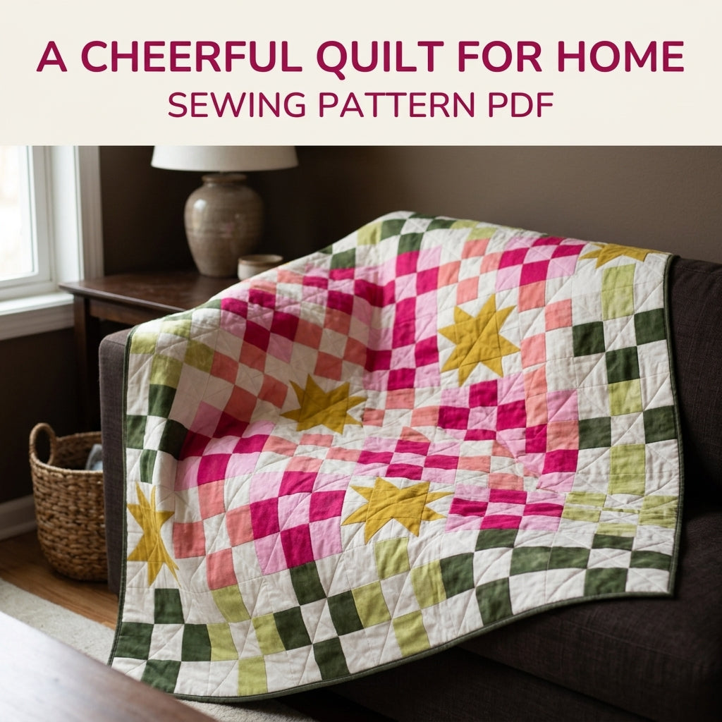 Checkerboard Star Quilt Pattern PDF – Modern Pink and Green Squares Throw Quilt