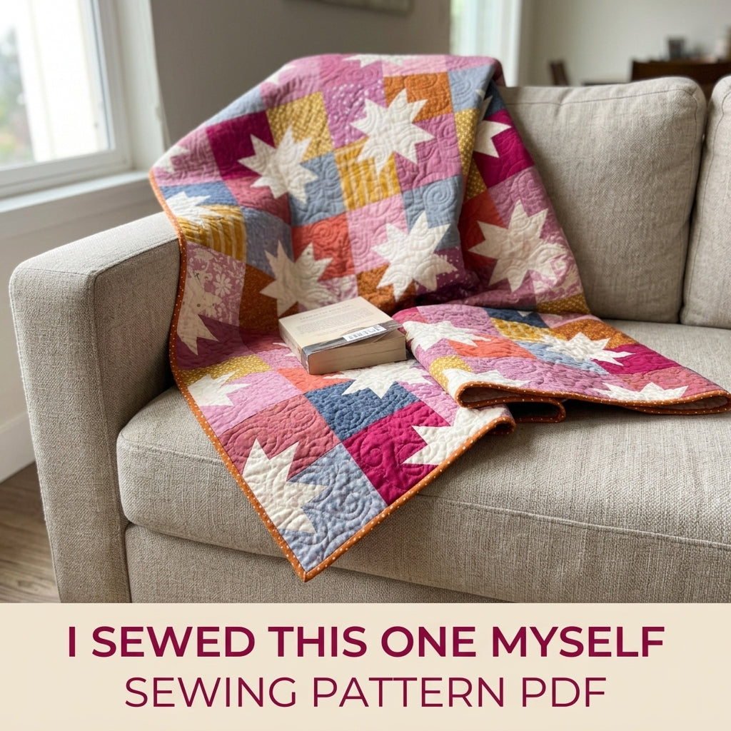 Scrappy Star Grid Quilt Pattern PDF – Large Square Throw Quilt with Eight-Point Stars
