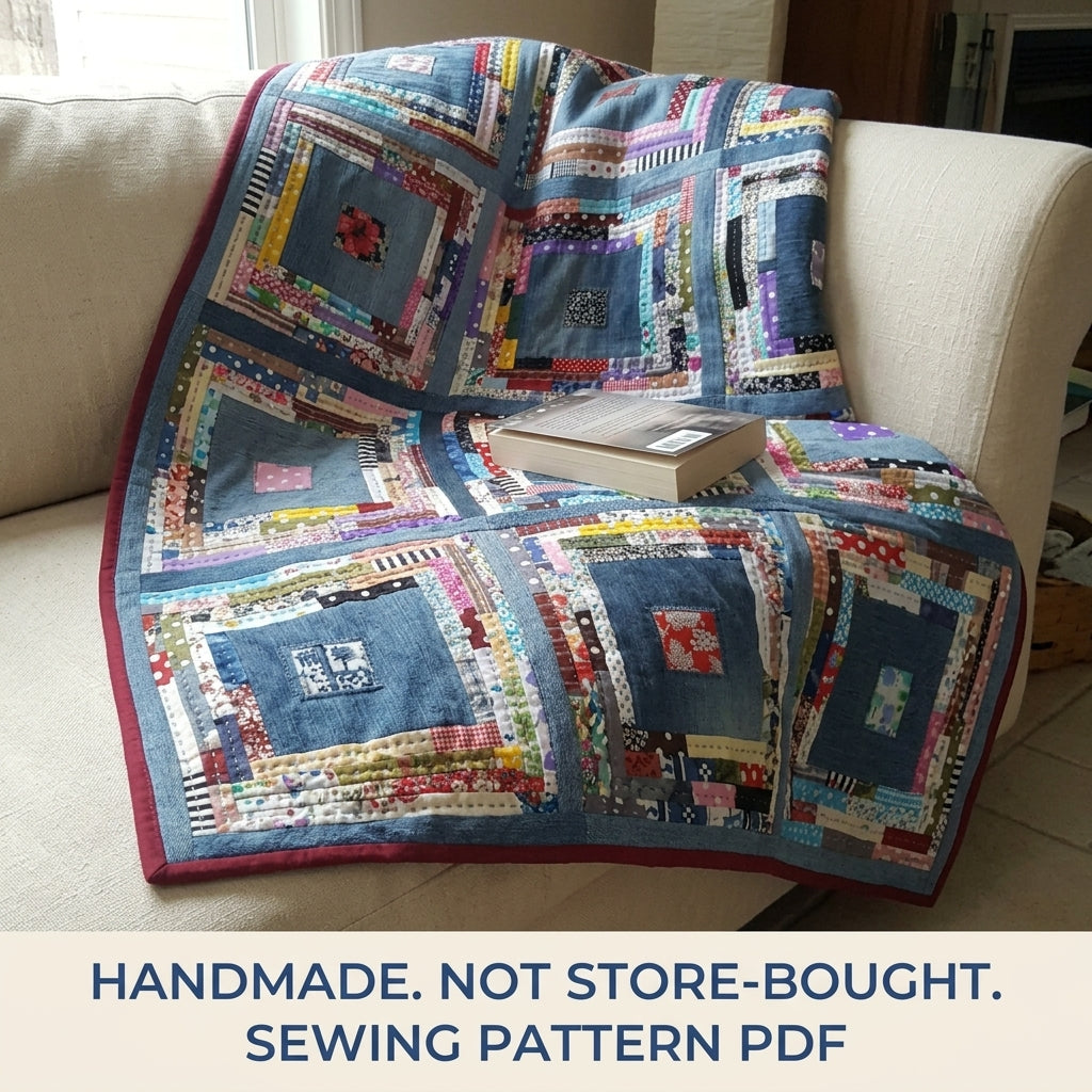 Scrappy Denim Square Quilt Sewing Pattern PDF – Upcycled Jeans Log Cabin Quilt