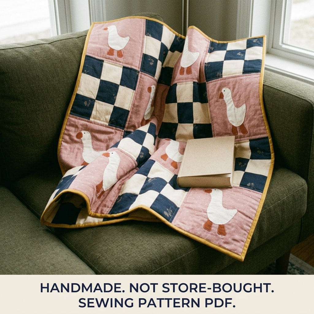 Goose Checkerboard Quilt Sewing Pattern PDF – Baby Quilt with Goose Appliqué